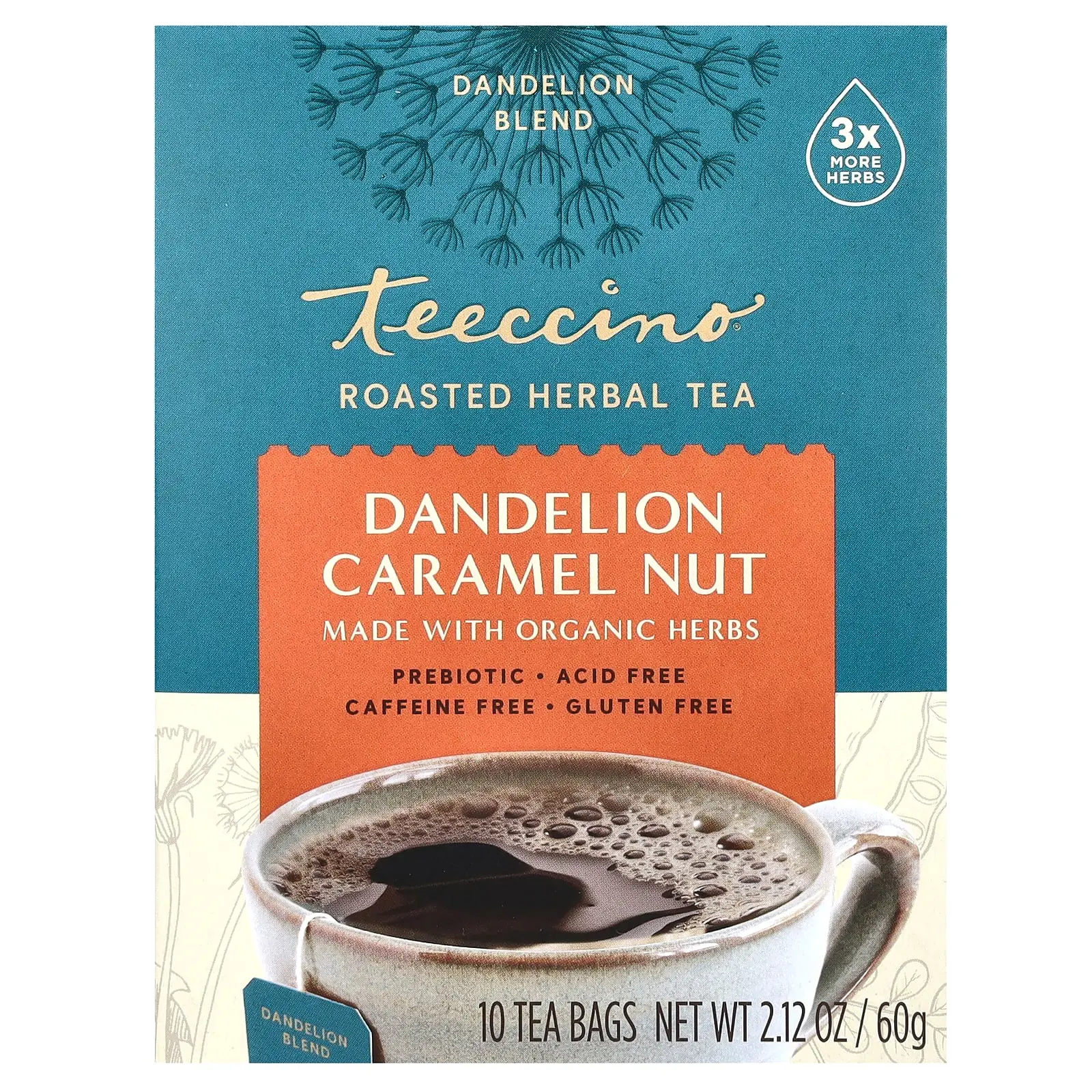 Teeccino Roasted Herbal Tea, Dandelion Caramel Nut, Caffeine Free, 10 Tea Bags, 2.12 oz (60 g)