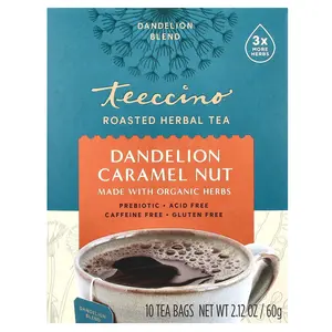 Teeccino Roasted Herbal Tea, Dandelion Caramel Nut, Caffeine Free, 10 Tea Bags, 2.12 oz (60 g)