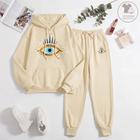 Women's 2-Piece Eyes Print Sweatsuit Set Outfit - Cozy Hooded Top, Drawstring Track Bottoms, Long-Sleeved Sports Clothing Set for Autumn Winter Everyday Wear, Workout Running Outfits