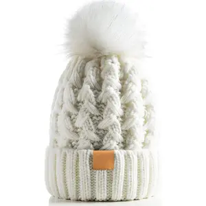 Womens Winter Ribbed Beanie Crossed Cap Chunky Cable Knit Pompom Soft Warm Hat