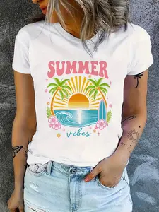 Women's White Tee Summer Vibes Graphic Short-Sleeve Shirt with Pink & Yellow Letter Designs Tropical Beach Vacation Top Breathable Summer Essential for Daily Wear Beach Tee Sunset Print Style Opaque Fabric