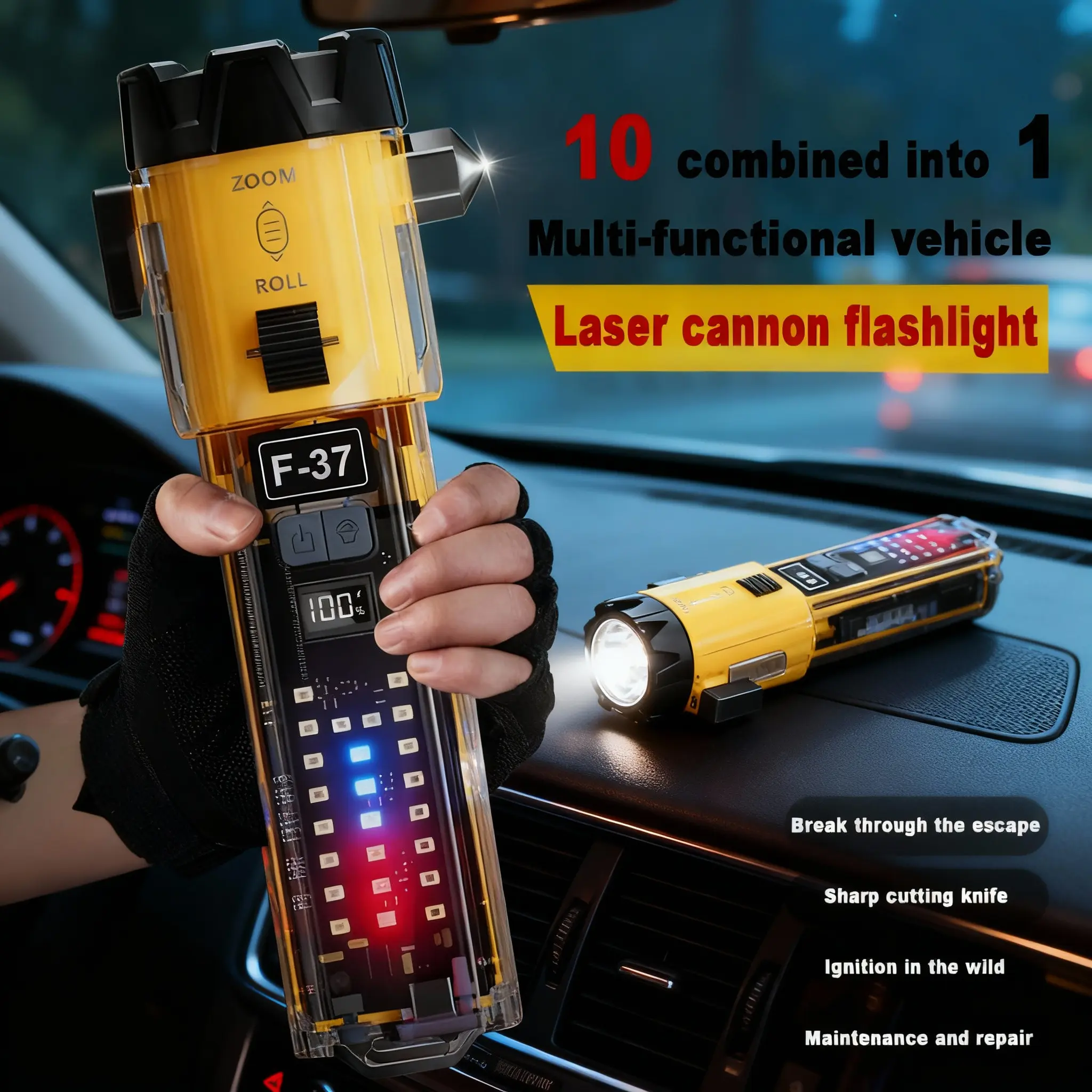 Compact High Lumen Flashlight, Versatile 10-in-1 Built-in Battery Torches with Rechargeable LED, Emergency Hammer & Window Breaker for Car & Outdoor Emergency Prep, Outdoor Survival Gear, Compact Multi-Tool Torches, Flashlight Emergency Kits