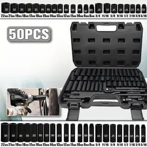 50Pcs Impact Drive Socket Set 3/8in to 1 1/4in & Metric 10 24mm 6 Point Cr V Steel for Auto Repair Durable Clear Marked with Case Socket Wrench Set