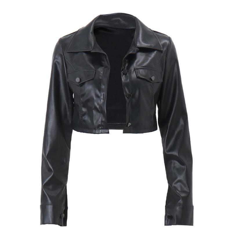 Women Crop Leather Jacket Solid Color Casual Long Sleeve Button Down Jacket Fall Outwear Coats Love Polyester Spring Tops Outerwear Black Fitted