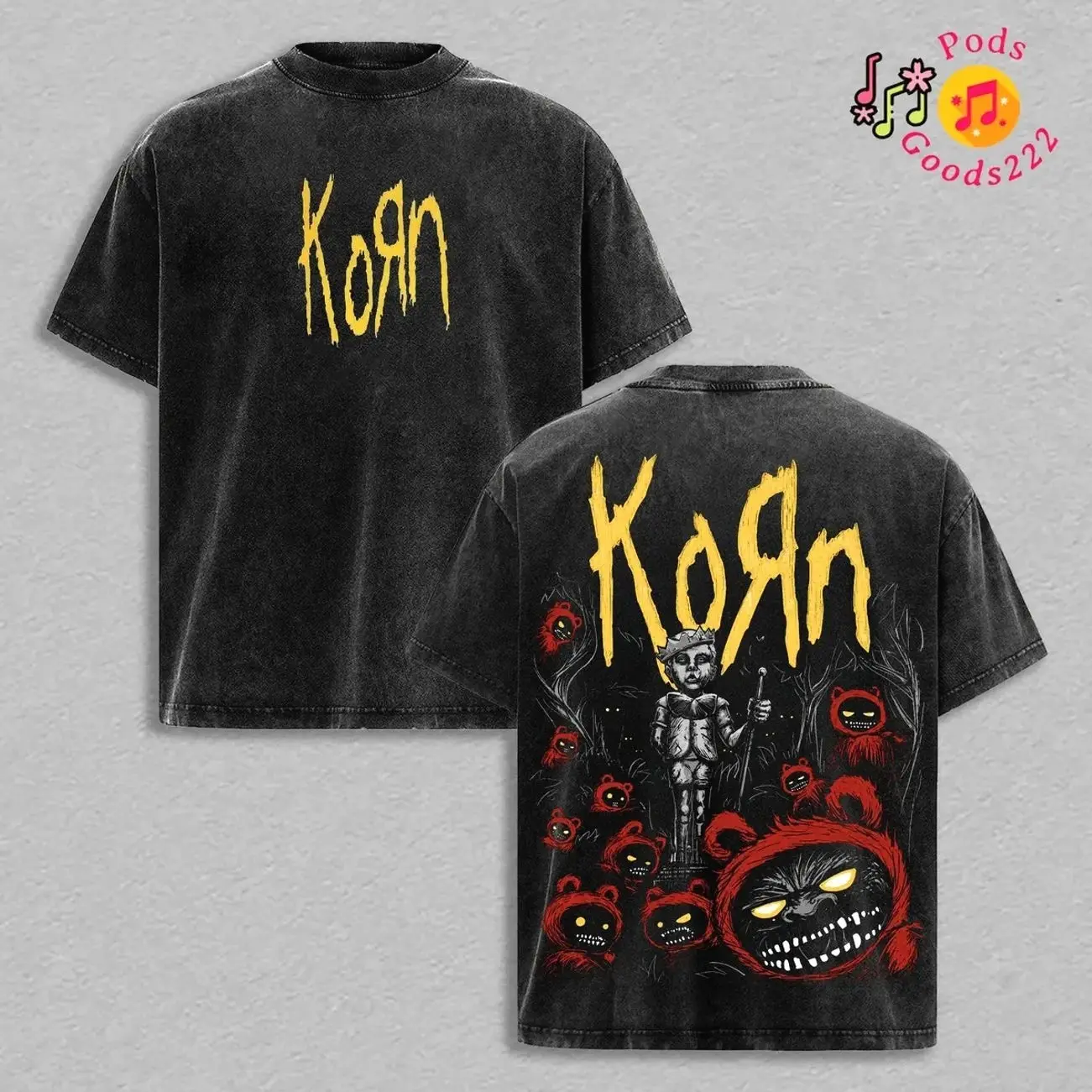 Korn Acid Wash Oversized Shirt, Creepy Red Bear Graphic Tee, Alternative Nu Metal Streetwear Fashion Clothing for Rock Music Fans 288