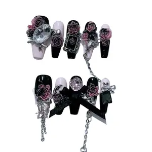 S62 Hand-Wear Nail Black Powder Gradient Rose Peony Patch - Advanced Nail Art with Colorful Finish party press