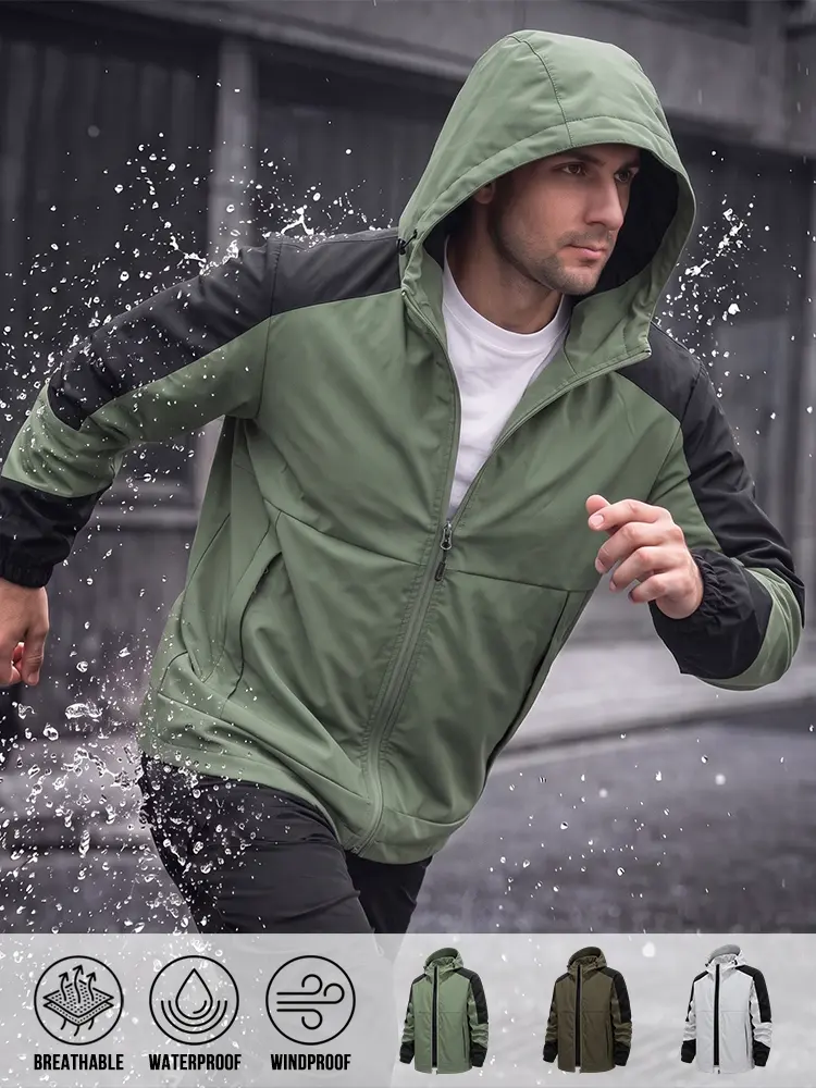 Men Multi‑Purpose Hooded Windbreaker, Windproof Water‑Repellent Breathable Outer Shell, Color‑Block Splicing Panels, Zip‑Up Hood for Running, Hiking and Daily Layering