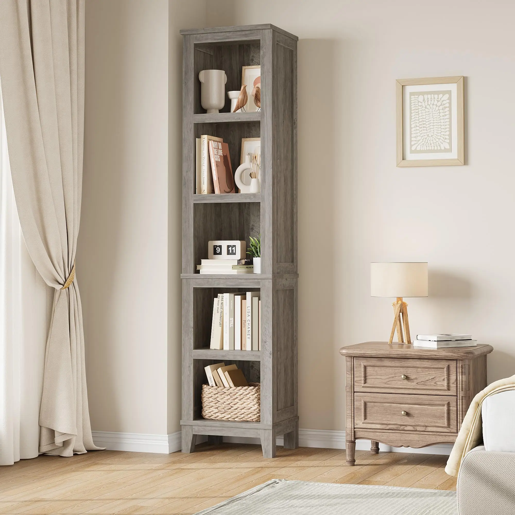 71" Tall Narrow Bookcase, 5-Tier Rustic Wooden Bookshelf with Adjustable Shelves for Bedroom, Office, or Living Room