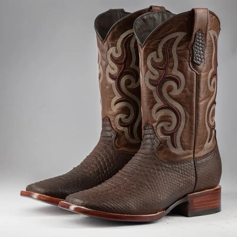 Matte Brown Python Print Leather Boots - Square Toe