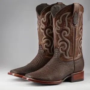 Matte Brown Python Print Leather Boots - Square Toe