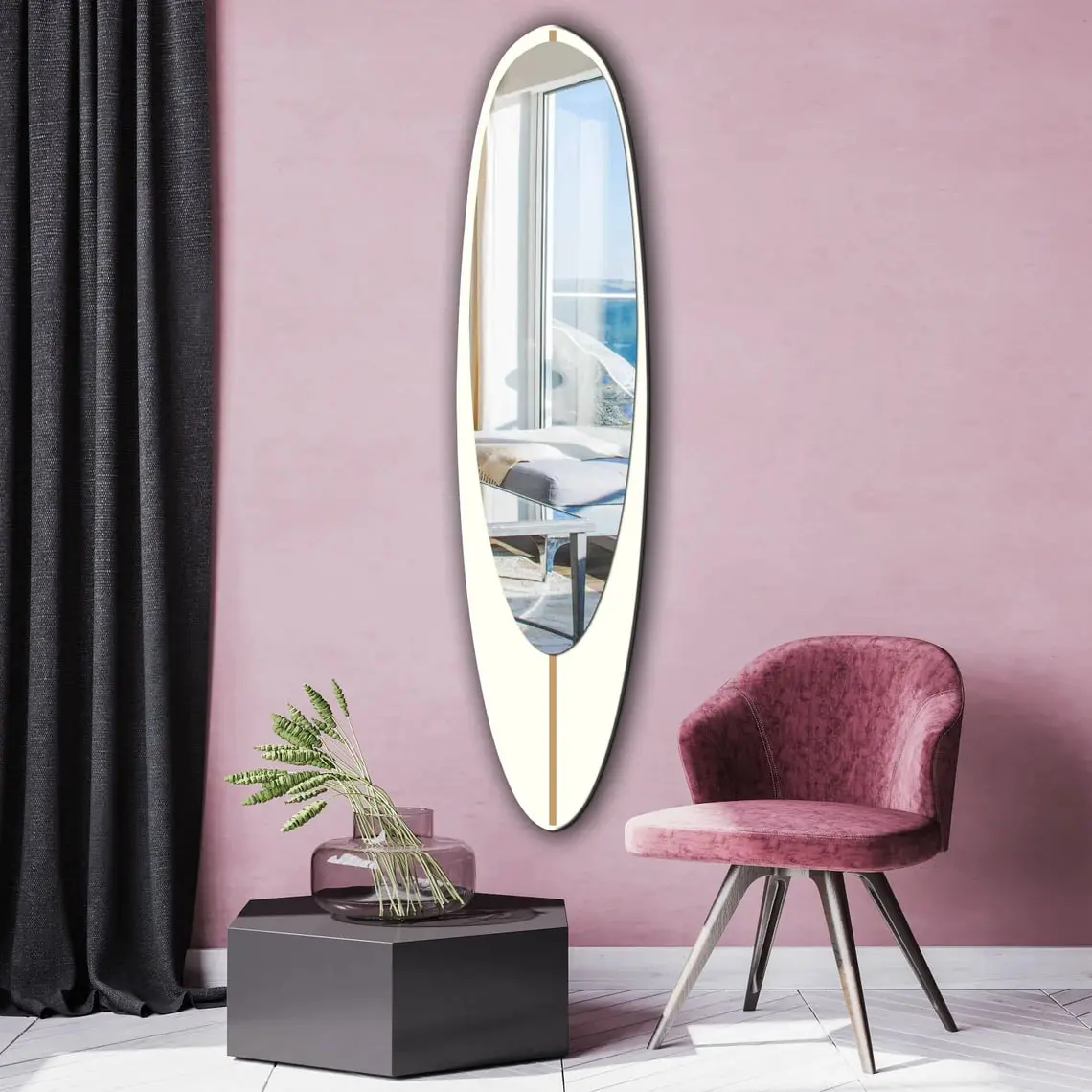 Wall mirror in wooden surfboard shaped frame Decor Durable Gift Smooth