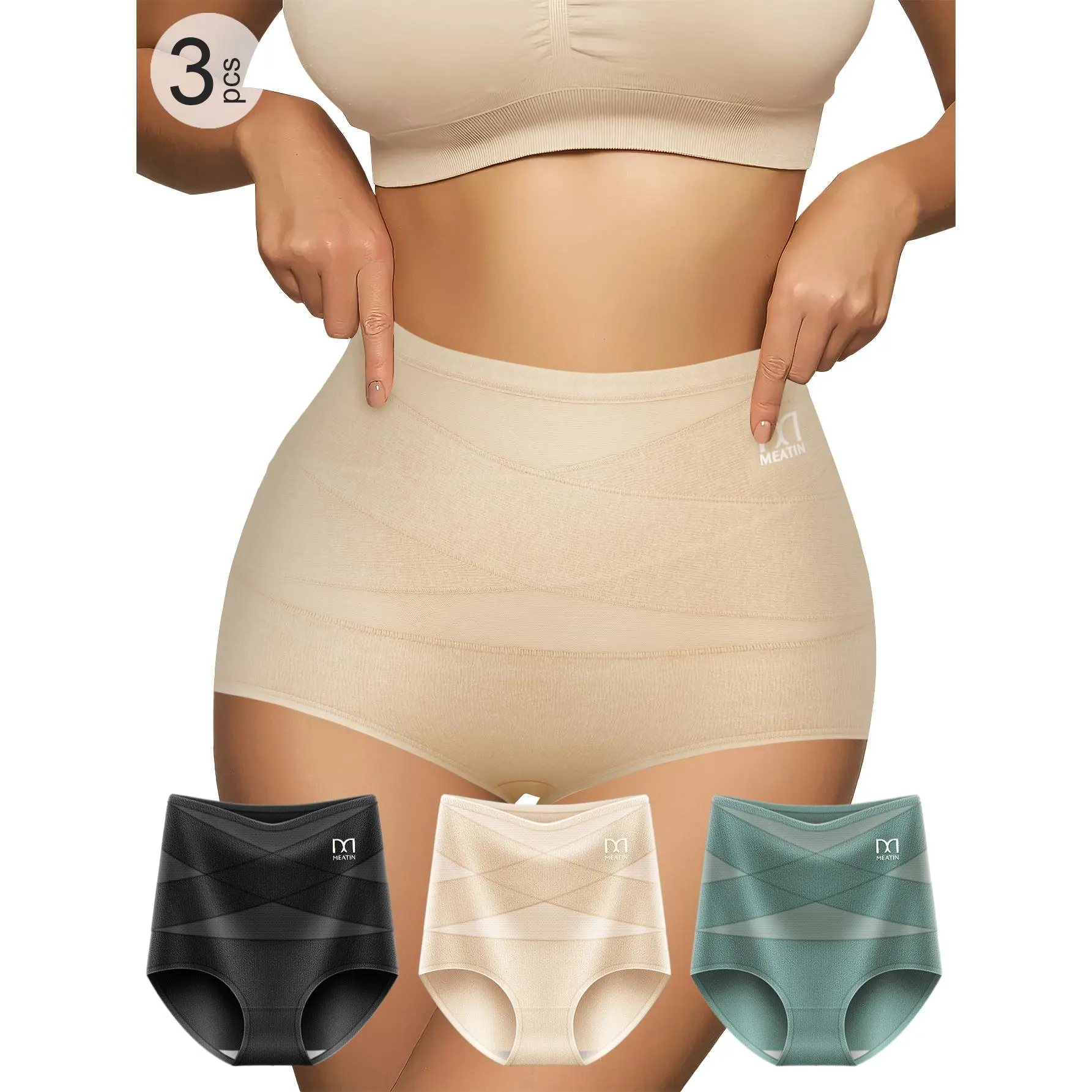 QUASTI 3 Pack High Waist Tummy Control Panties, Cool Breathable Cotton Briefs with Premium Crotch Lining, Light Compression Everyday Underwear for Women, S-XXL