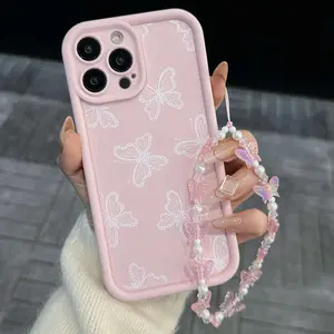 Butterfly Pattern Phone Case with Lanyard, Cute Phone Case with Beaded Chain, Decorative Phone Protector Cover Compatible with iPhone, Shockproof Protection