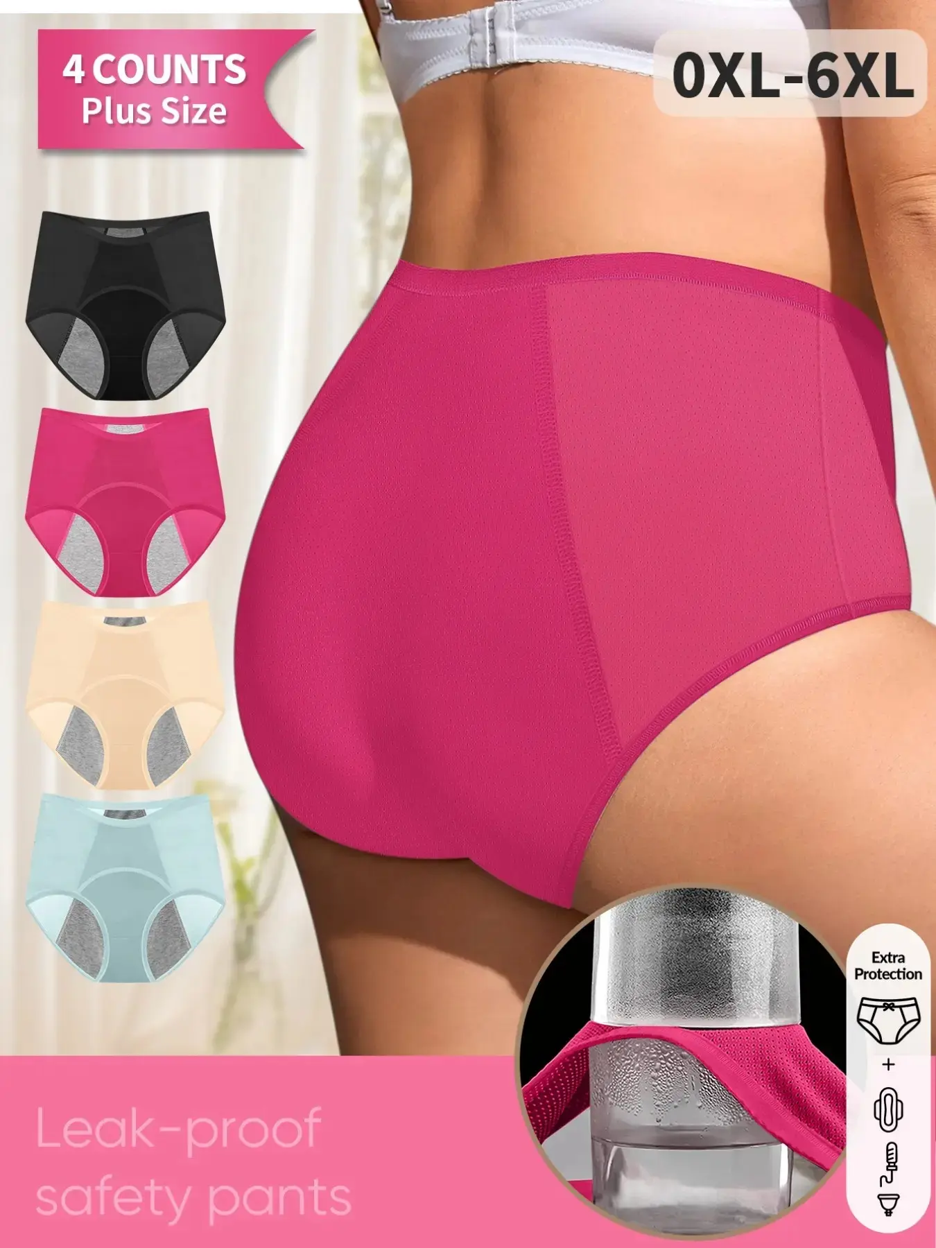 4-Pack Morelect High-Waist Period Underwear, Breathable Mesh, Absorbent Leak-Proof, Sizes 0xl-6xl, for All-Day Wear, High Rise Panties