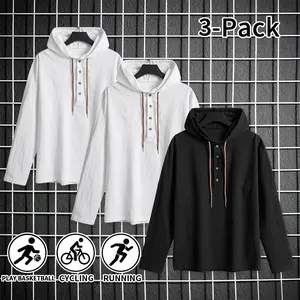 Men’s 3-Pack Lightweight Cotton Breathable Hooded Sun Protection Henley Long Sleeve Athletic Tops