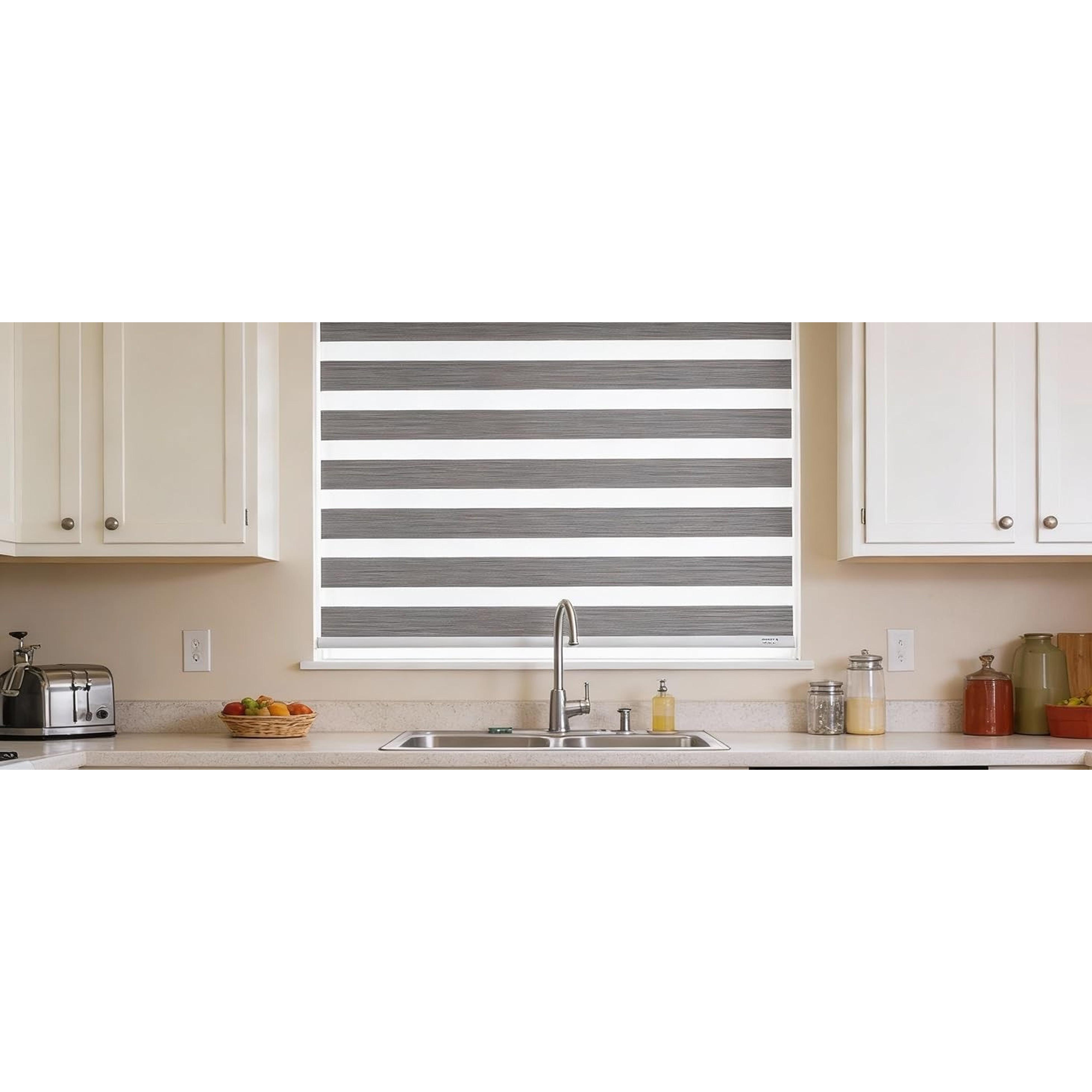 Cordless Zebra Pattern Roller Blind for Indoor Home Windows, Free-Stop Dual Layer Light Filter Sheer Shades (22" W X 72" H, Grey)