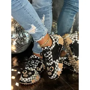 Women's Thick Sole Sport Shoes with Rhinestone Details, Trendy Letter Decor, Fashion Grid Design, Perfect for Daily Wear(Sheets)