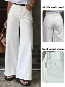 Fashion Daily Wear Women's Versatile No Stretch Waist Wide Leg Jeans Pants with Pocket, Comfortable and Stylish Denim Trousers for Everyday Use