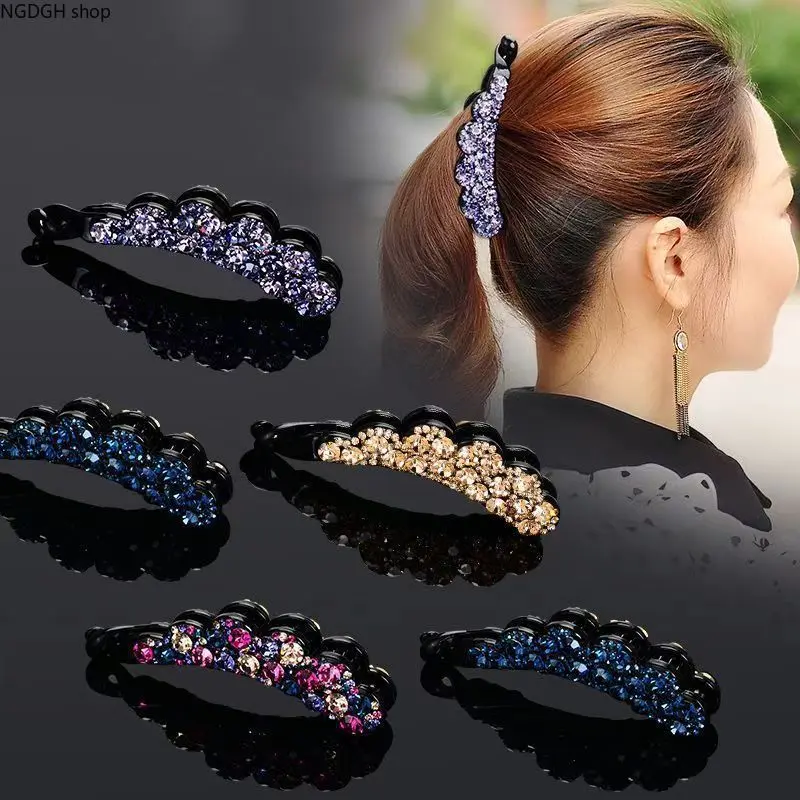 Large Rhinestone Banana Clips for Female - Elegant Scalloped Strong-Hold Decorative Fashion Glamorous Hair Accessory, Banana Clip for Long Hair, Suitable for Everyday & Party Wear (With Color Options), Banana Clip Long Hair