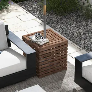 2-in-1 Outdoor Umbrella Base Storage Box – Wooden Patio Coffee Table, Solid Wood with Waterproof Paint, Fits 1.5"/1.65"/1.9" Poles, Storage for Tools & Toys, for Patio, Garden, Brown