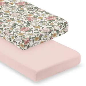 Sweet Jojo Designs 2-Piece Muslin Crib Sheets (Vintage Floral Boho) for Baby Girls, Infant Nursery, Toddler Room - Standard Size 100% Cotton Sheet Set (Solid Pink, Bohemian, Shabby, Flower, Farmhouse)