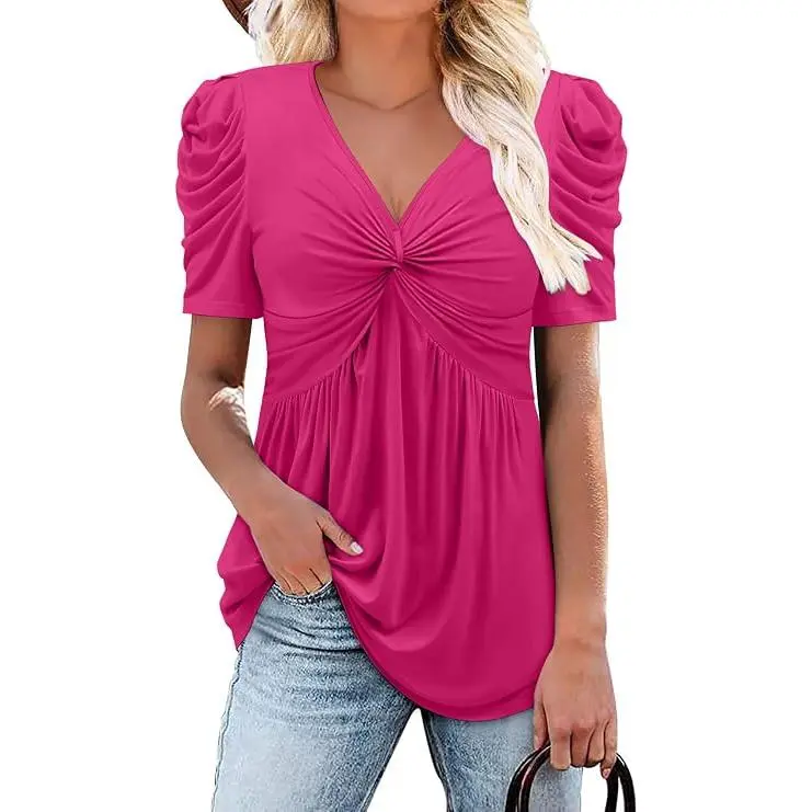 Onlypuff Women's Summer Floral Shirts Ladies Casual V Neck Tunic Tops Henly Puff Sleeve Blouse for Leggings