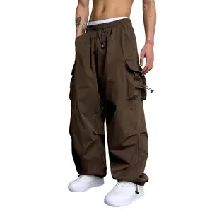 Men's Brown Parachute Cargo Pants - Loose Fit, Y2K Style with Drawstring Waist & Multi-Pocket Design, Durable Polyester, Machine Washable for Casual Outdoor Wear, Parachute Pants