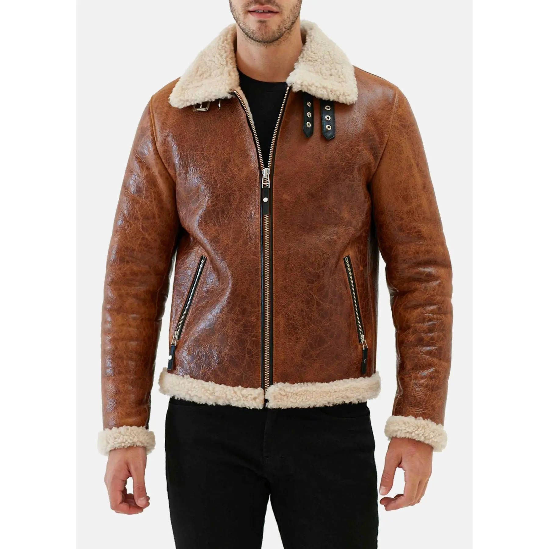 Mens Distressed Brown Shearling Leather Jacket