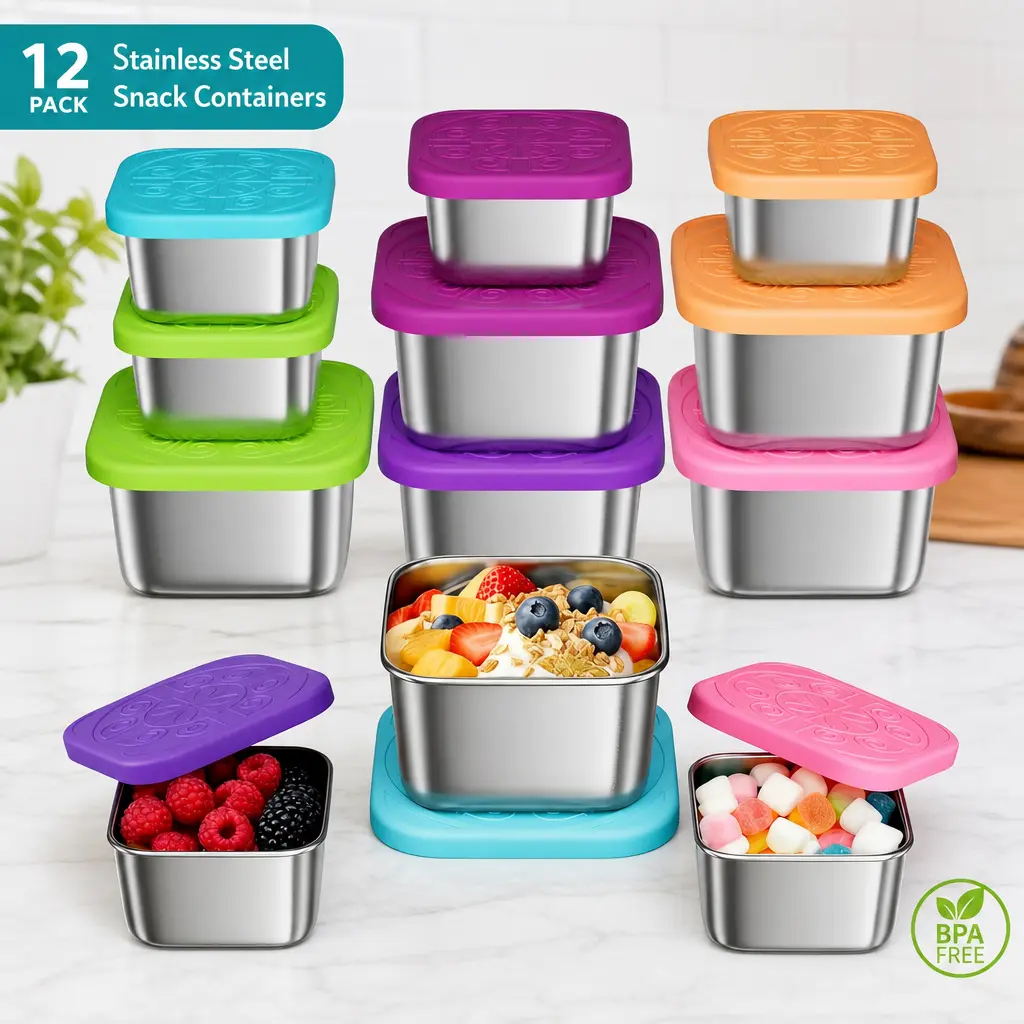 littleox 12-Piece Stainless Steel Snack Container Set - Airtight Silicone Lid with Printed Design Sauce Containers, Multi-Use Food Storage for Salads, Dips, Snacks, Microwave & Dishwasher Safe