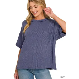Zenana Raised Rib Short Sleeve Front Pocket Top