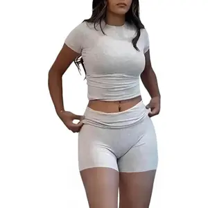 Women's Two Piece Sets Summer Slim Fitted Short Sleeve Tops Foldover Shorts Matching Lounge Sets