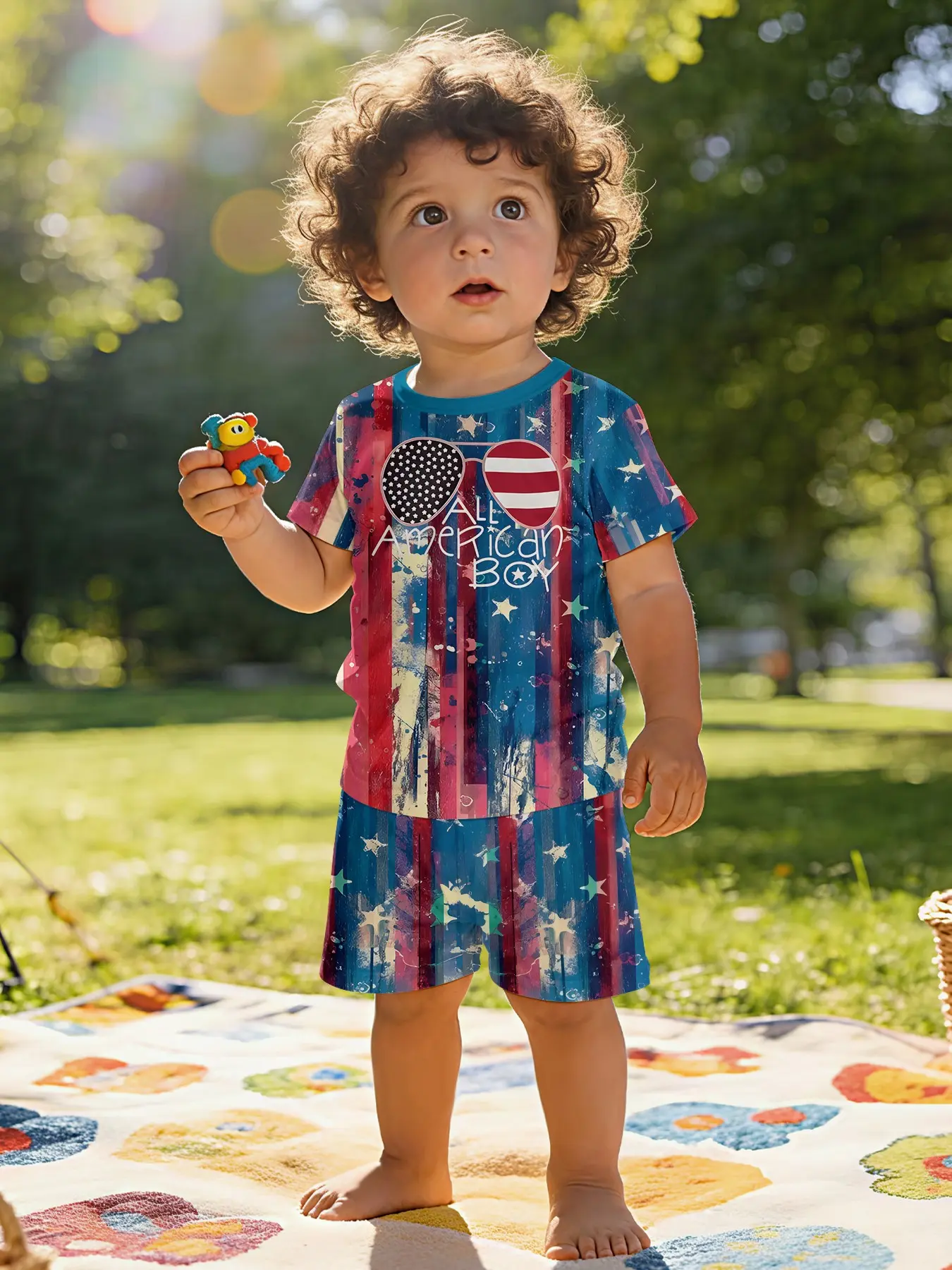 Vintage "All American Boy" children's star-spangled print baby short-sleeve set, Graphic print set, Outfit Sets, kids' clothing for babies, suitable for daily and outdoor sports T-shirts, 100% polyester, a gift for infants and toddlers!