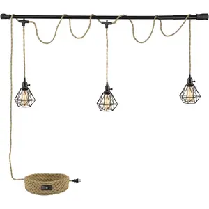 3-Light Plug-in Hanging Pendant Light with 22ft Hemp Rope Cord, Vintage Hanging Lamp Fixtures for Kitchen Island Living Room Bedroom