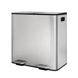 2 x 10.6 gal Stainless Steel Double Trash Can with Lid for Kitchen, Large Dual Trash and Recycle Bin Combo, Step-on Kitchen Metal Garbage Cans, PP Inner Buckets, Liner Rim