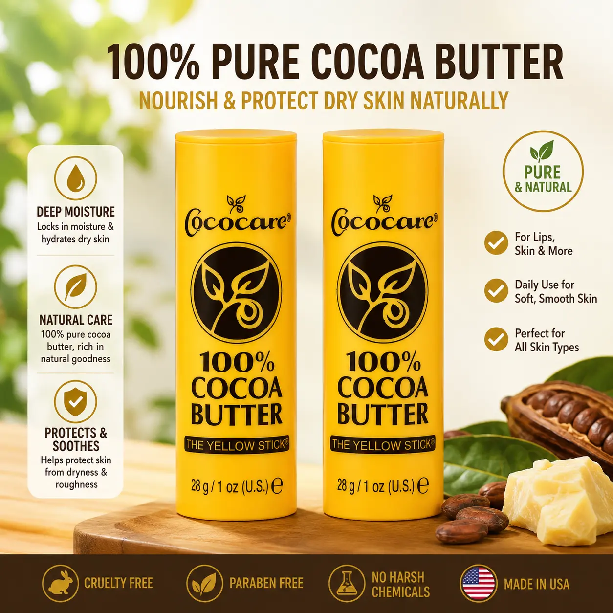 Cococare 100% Cocoa Butter Stick - All-Natural Emollient for Skin Hydration, Skin Protection - The Yellow Stick (2 Pack)