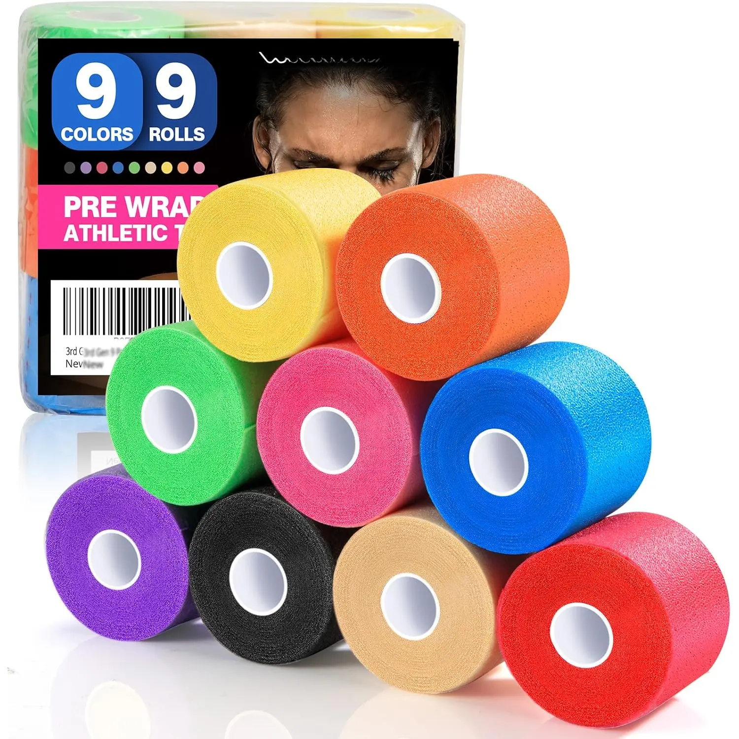 9 Rolls (108 Yards) Pre Wrap Athletic Tape - 9 Colors, 3rd Gen Prewrap for Hair Soccer, Athletic Sports Wrap Foam Underwrap for Headbands, Ankles, Wrists, Hands & Knees