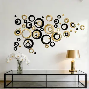 72PC， Golden black combination hollow ring acrylic mirror wall sticker, suitable for home decoration, living room, bathroom, bedroom background wall decoration, home decoration lintel decoration, DIY detachable wall sticker