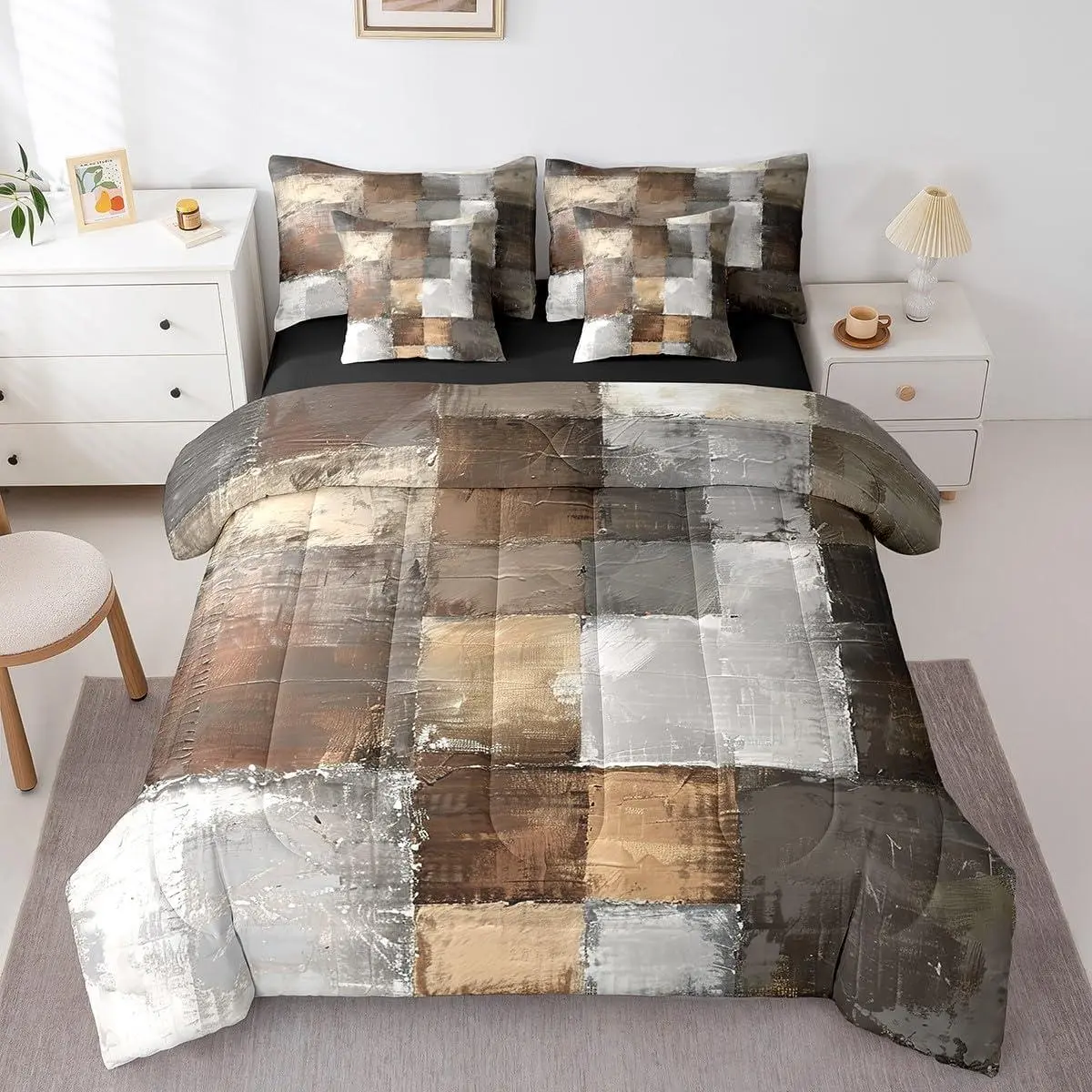 Brown Grey White Ombre Comforter Set 7 Pieces Gradient Aesthetic Bed in a Bag,Modern Graffiti Bedding Comforter Sets Checkered Bedding Set with Flat Sheet and Fitted Sheet
