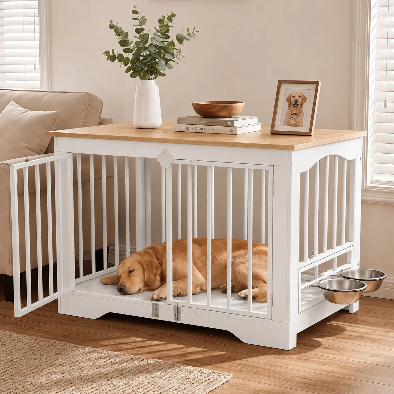 Heavy Duty Wooden Dog Crate Furniture - 200 LBS Load Capacity Kennel with Swivel Feeder Stand, Multi-Use Top Elegant End Table, Sturdy Indoor Medium-Large Dog House