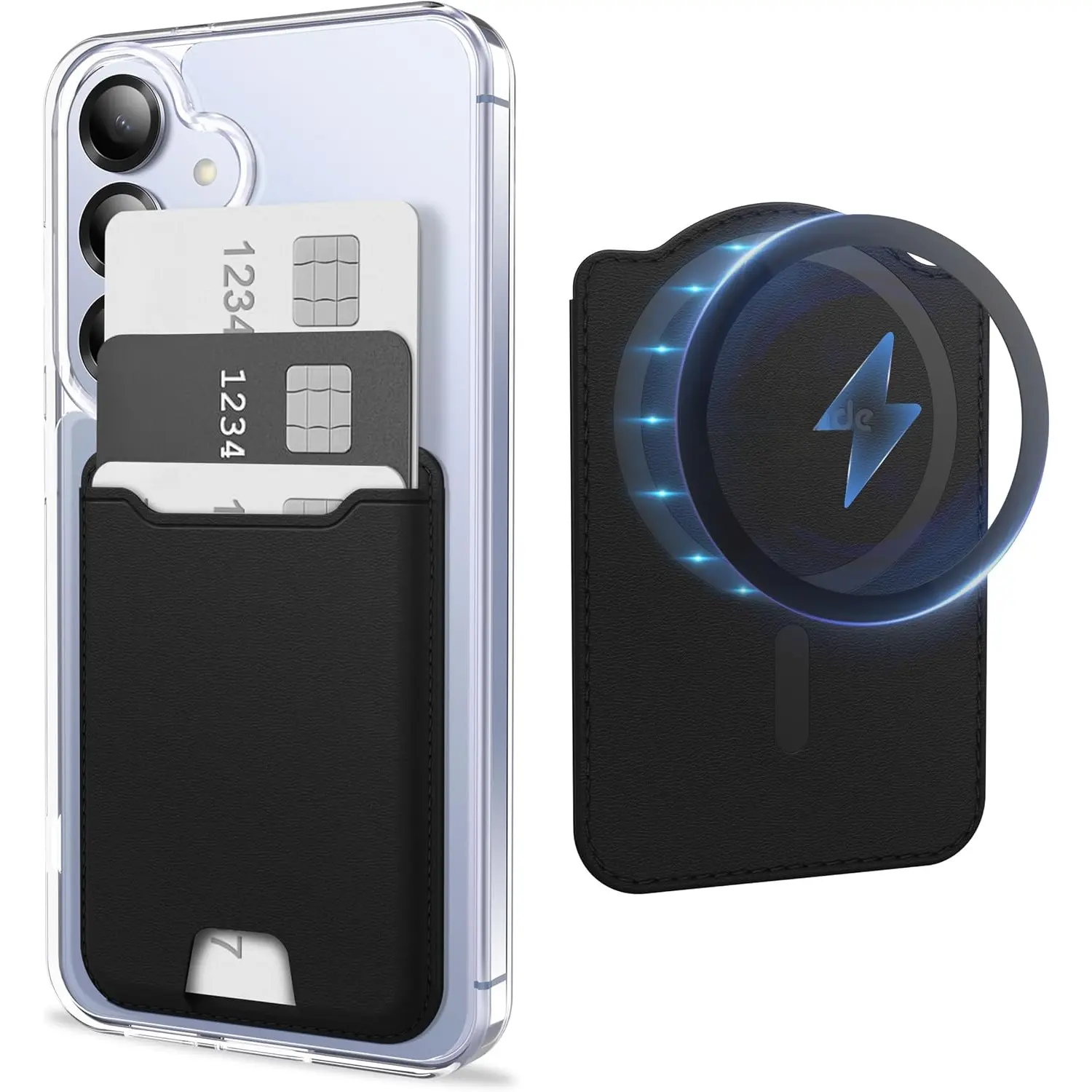 PU Leather Synthetic MagSafe Cellphone Wallet Clip - RFID Blocking, NFC Compatible, Easy Installation, 4-Card Capacity, Black - Mobile Phone Card Holder for Galaxy S25/S24 Series, Galaxy Z Fold 7 (With Case), iPhone 16/15/14/13/12 (MagSafe Fit), Magnetic