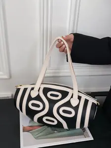 1pc Black and white abstract pattern leather handbag, Casual trendy purses, women's geometric design cylindrical shoulder bag, detachable shoulder strap, versatile for commuting, daily travel, leisure, Casual Bags