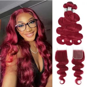 Gefily[12A]Burgundy Bundles Human Hair with Closure 99j 4x4 Body Wave Closure Human Hair with 4 Bundles 18 20 22 24+16inch-100% Unprocessed Raw Brazilian Virgin Hair, Wine Red Color Brazilian Body Wave outdoorfun