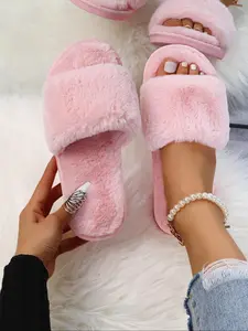 Women's Cute Plain Color Plush Slippers, Casual Soft Comfortable Home Slippers, House Slippers, Casual Fashion Slippers, Warm Slippers for Indoor & Outdoor Use for Fall & Winter, Footwear