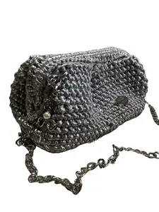 Women's Handmade Metallic Silver Crochet Clutch - Elegant Luxury Statement Evening Clutch, Crossbody Bag with Crochet Texture