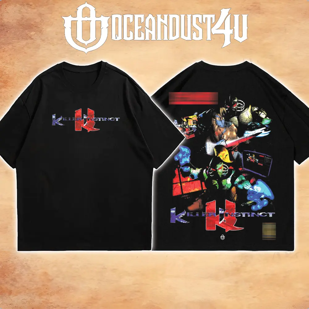 OceanMOB4U Killer Instinct 2 Character Black T-Shirt, Front and Back Graphic Gaming Tee, Retro Arcade Fighting Game Shirt, Unisex Gamer Gift