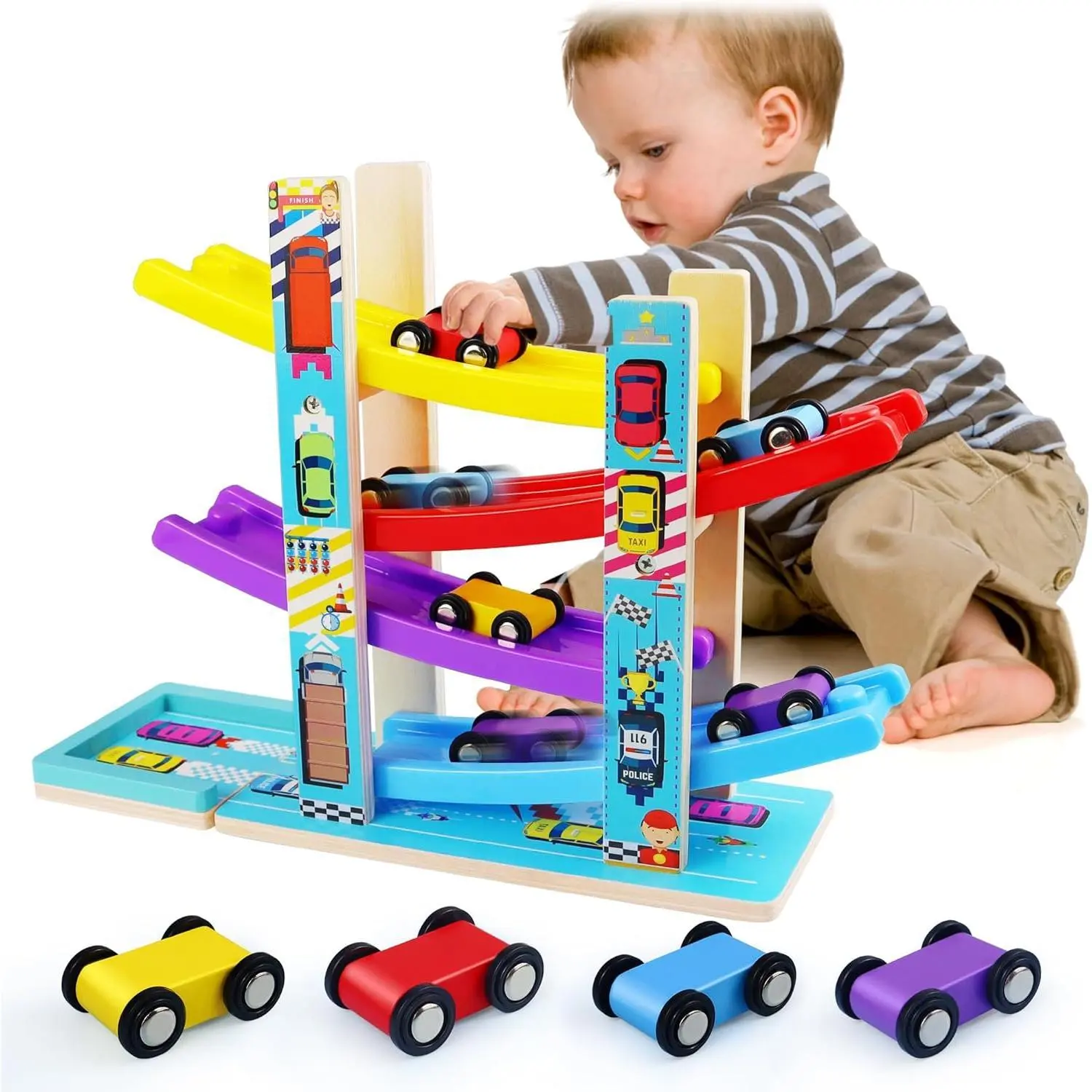 X-MTS07   Montessori Toys for Toddlers, Children Race Track Toy with 4 Cars and 1 Wooden Parking Lot, Stable Base, Car Ramp Toy for 1 2 3 Year Old Boy Girl Gifts