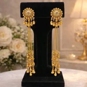 Gold Plated KASHMIRI Earrings with Long Chain Ghungroo - Elegant Traditional Jewelry for Special Occasions
