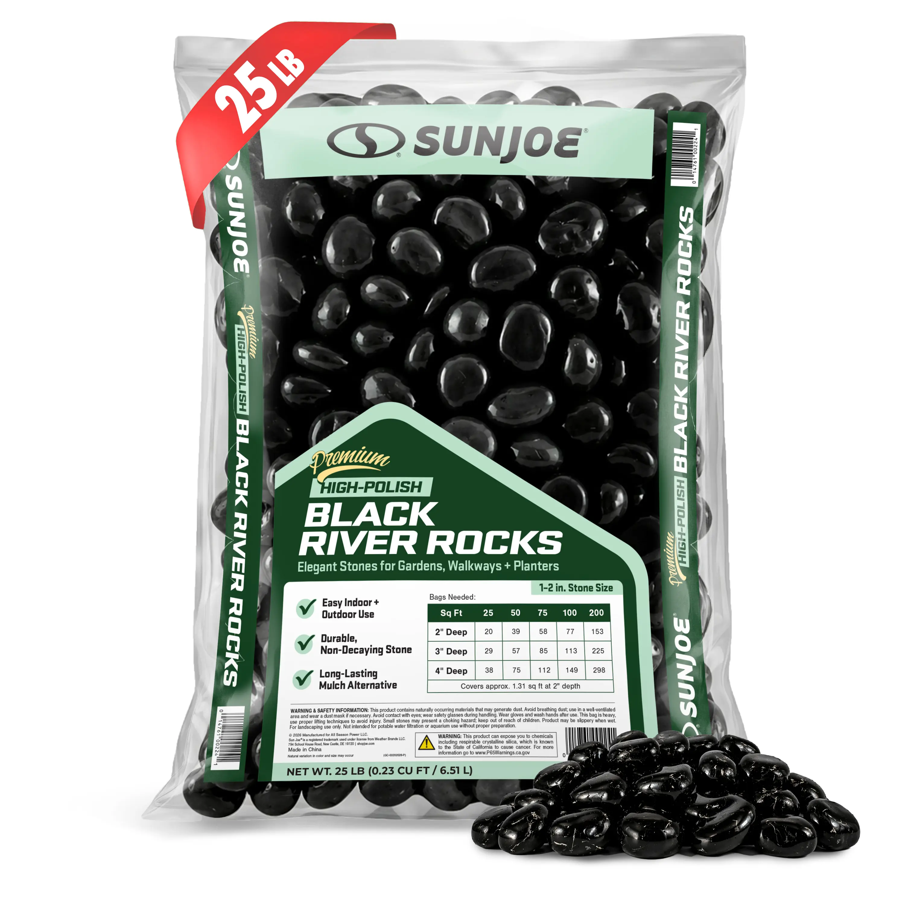Sun Joe Premium High-polish Black Decorative River Rocks | 1-2 In. Stone Size