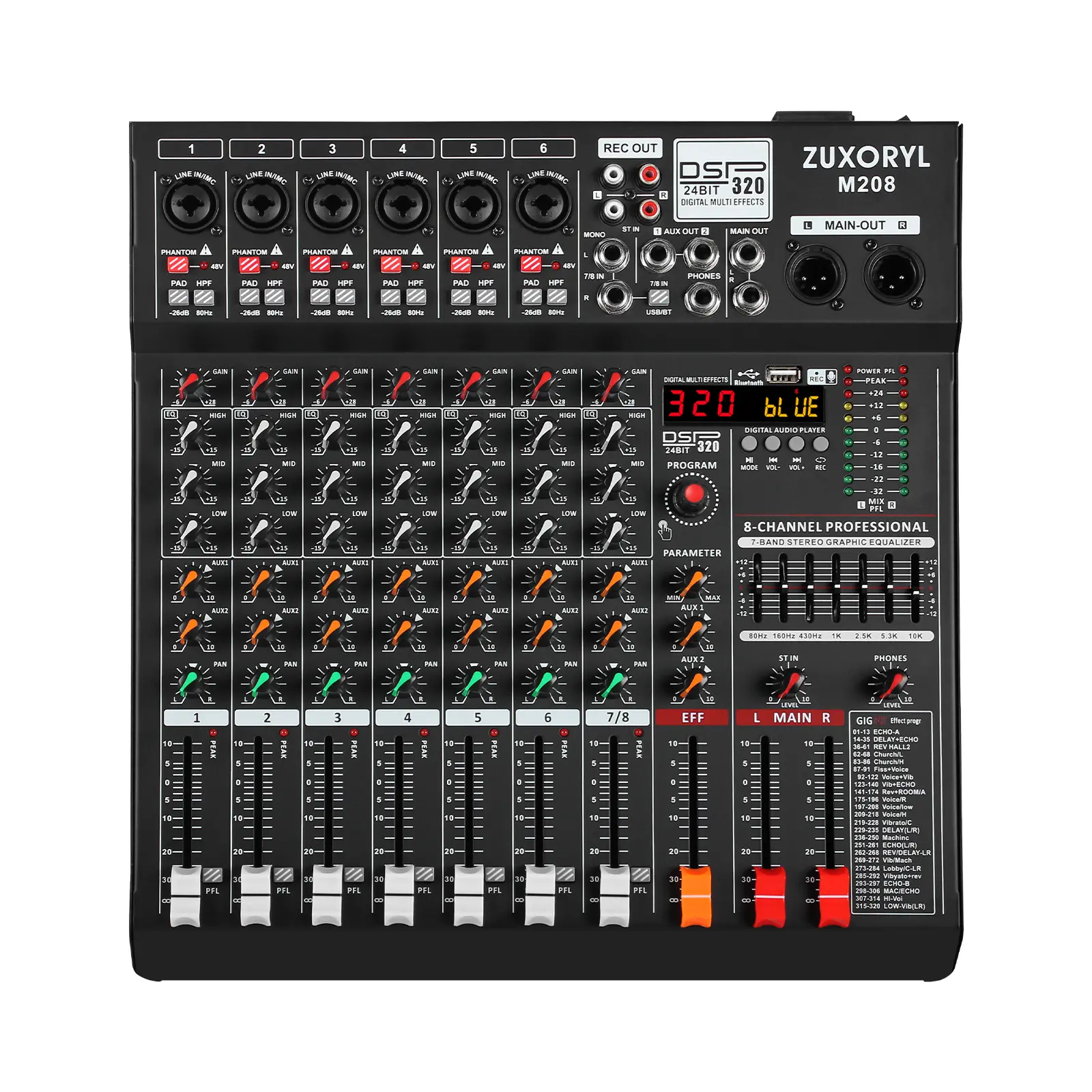 Professional 6/8 Channel Digital Live Audio Mixer - Sound Mixing Board with 320 DSP Effects, 7-Band EQ, USB, Bluetooth, MP3 Support, Independent 48V Power, Mute Buttons, Stereo Smartphone Compatibility for Recording, Bluetooth Amplifier Mixer, Wired Mixer