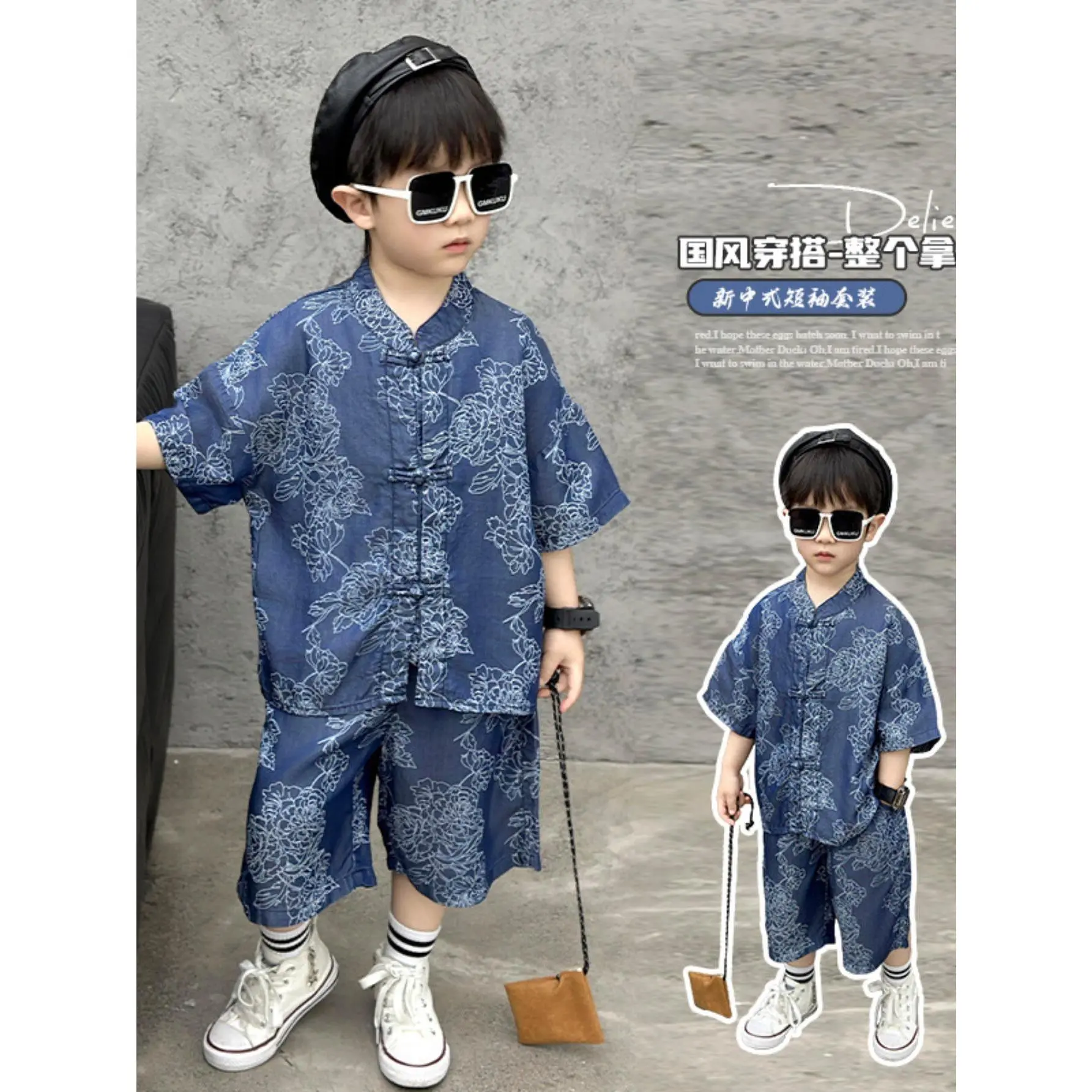 New Chinese Style Frog Button Short-Sleeved Hanfu Two-Piece Set for Boys Summer Wear 2026 New National Style Tang Suit Set 3-12 Years Old Handsome Fashion Daily Outdoor Seaside Vacation School Party Easter Gift Boys' Clothing, for Outdoor